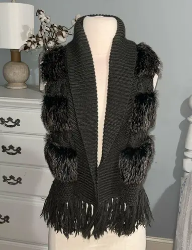 Charming Charlie Sweater Cable Knit Acrylic Faux Fur Fringe Crochet Cardigan Womens M Boho Office