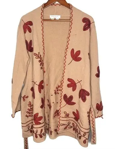 Kay Unger Vintage tan 100% wool embroidered cardigan sweater waist tie leaves - Image 1