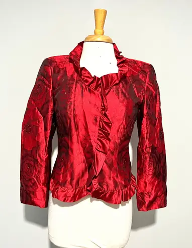 Algo Boutique Red Black Rose Floral Shiny Blazer Jacket