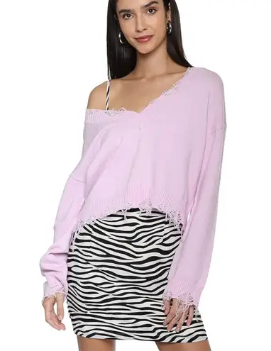 Brooklyn Karma NEW Distressed Low V Sweater Lavender Blush Off-The-Shoulder M
