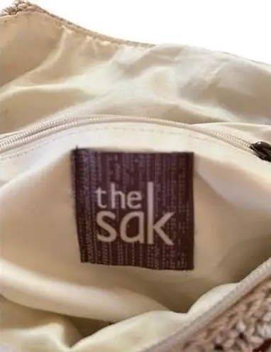 The Sak Crochet Crossbody Bag Beige with Pink Accents – Boho Mesh Flap Purse