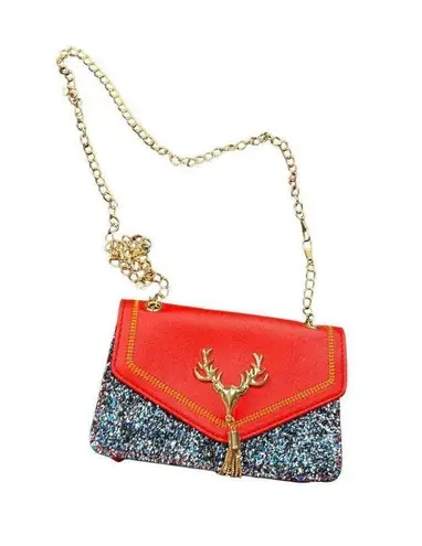 Red & Black Glitter Reindeer Crossbody Purse With Gold Chain Strap 7"x5"