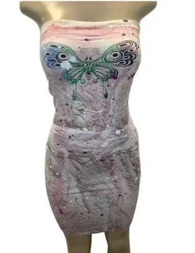 Grail Y2k 100% Cotton Strapless Butterfly Print Dress Size XS Made in USA New