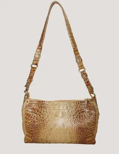 Brahmin Brown Tan Gold Leather Shoulder Bag Alligator Crocodile Embossed Zip