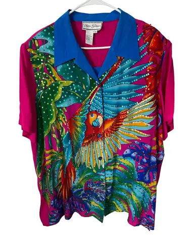 Diane Gilman Vintage 2X Vibrant Parrot & Jungle Sequin Silk Shirt Blouse