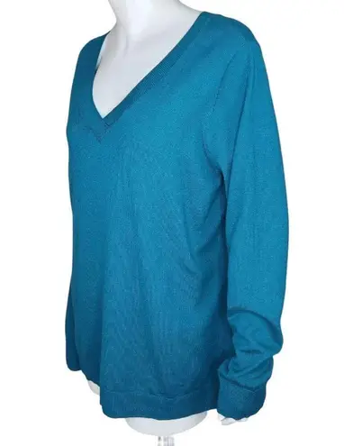 Denim & Co . Crossover V-Neck Long Sleeve Pullover Sweater Spruce BlueGreen Large