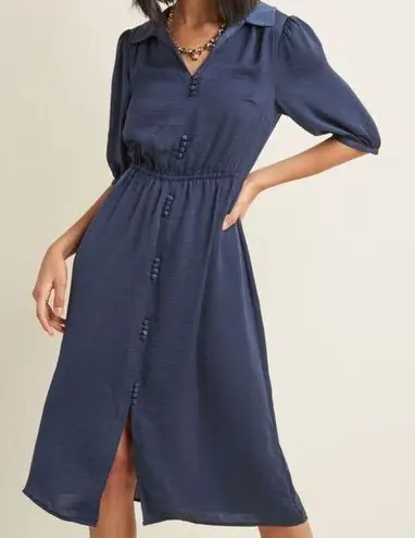 Modcloth  Blue Gray Silky Moody Button Up Collared Half Sleeve Midi Shirt Dress