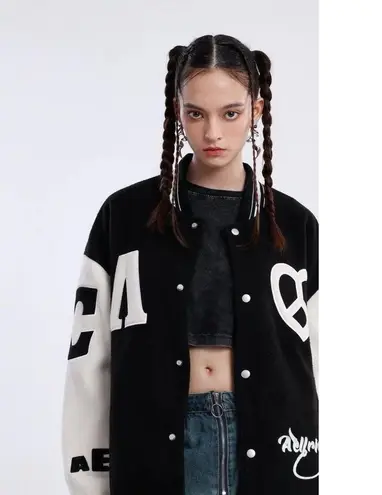 Aelfric Eden City Of Love Vtg Unisex Black Patchwork Oversized Varsity Jacket S