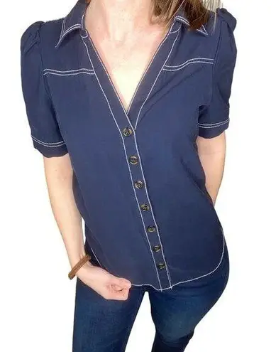 A loves A Dark Navy Blue Utility Tortoiseshell Button-down Short-sleeved Shirt Top M