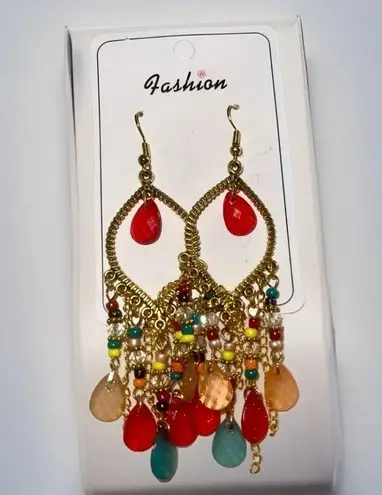 Bohemian Style Water Drop Shaped Bead Earrings With Tassel Fringes For Women Gold