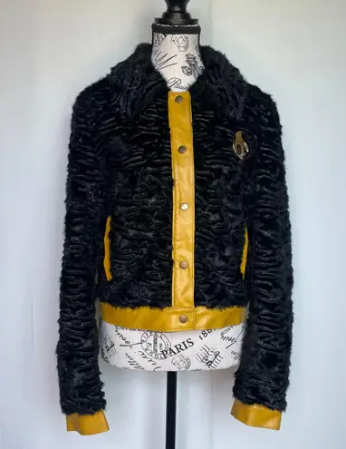 STAUD Buddha black faux shearling fur jacket w/ yellow leather trim size S small