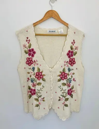 Vintage Floral Sweater Vest Alyssa Brooke Embroidered White Pink Flowers Cotton Size M