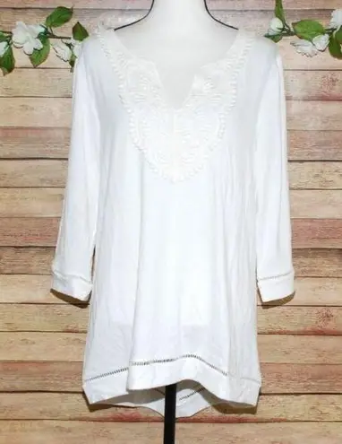 Simply Noelle Ladies Off White Blouse Ribbed Top Size XXL 16 18 3/4 Sleeve Lace
