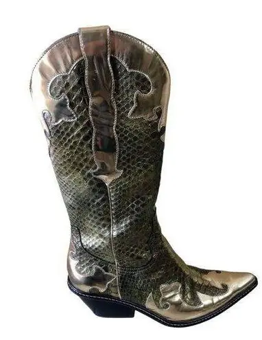 Donald Pliner Western Metallic Pitone Snake Leather Boot Shoe New $695 Sz 8.5 Gold