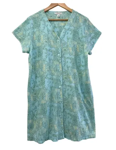 Miss Elaine Essentials Short Sleeve Snap Front Premium Knit Robe PL Teal Paisley Blue Size L