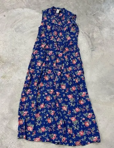 Vintage April Cornell Blue Floral Cottagecore Maxi Dress Size Small Pink