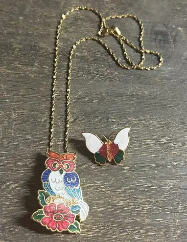 Colorful Owl Cloisonné Necklace / Brooch and Butterfly Pendant Set Red
