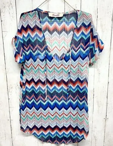 Emmlee Swim Cover Women Sz S/M Multicolored Short Sleeve Deep V Neck Sheer Swim