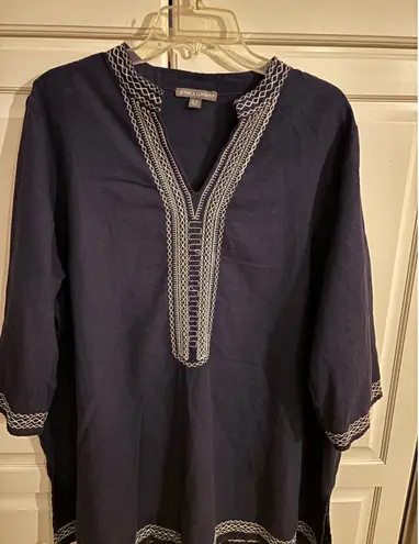 Jessica London Navy Blue Embroidered Tunic Top Plus Size 22W Linen Rayon