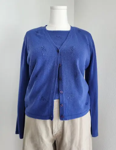 Vintage 90s Liz Claiborne Villager Blue Floral Knit Cardigan Sweater Twinset M Size M