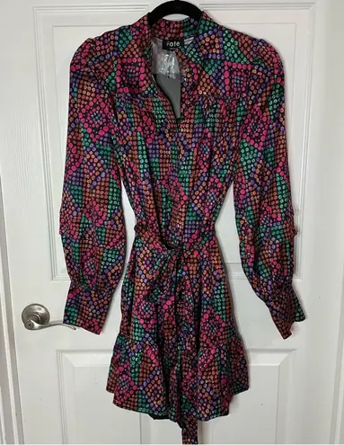 Fate Geo Print Collard Tie Waist Dress Women’s size Medium Colorful Long Sleeve Black