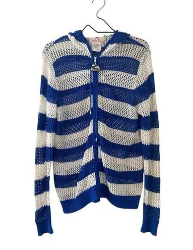 Quacker Factory Blue White Crochet Zip Up Hoodie Women’s Size Large Coverup Top