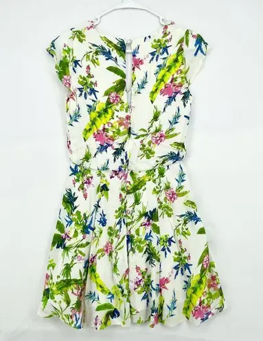 ROAM Dress Women Size XS Mini Positano Cream Floral Print Cap Sleeve V Neck Flow White