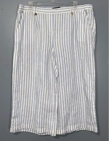 Ellen Tracy Blue~White Striped Linen Pull-On Culottes Wide Leg Pants Pockets L