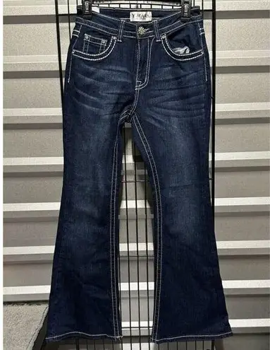 Y Jeans Los Angeles Women Y2K Flare Leg Bling Jeans Embelished Pockets Size 7/8 Blue