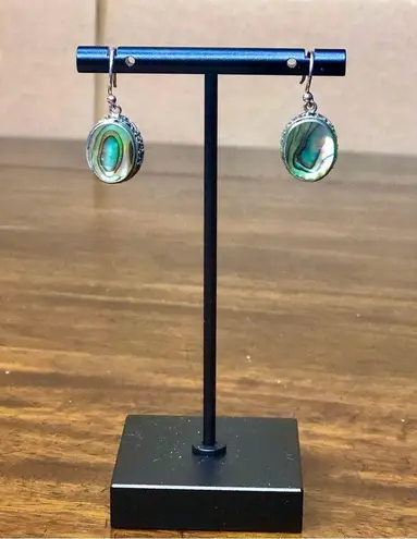 Sterling Silver ABALONE Cabochon Drop Earrings With Scrollwork Around The Bezel