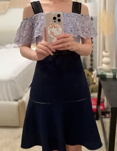 ABS Allen Schwartz Elegant Off-Shoulder Lace Midi Dress