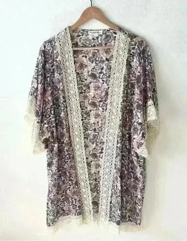 Indigo Rose L Floral Print Open Front Kimono Cardigan Coverup Shirt Crochet Boho Pink Size L