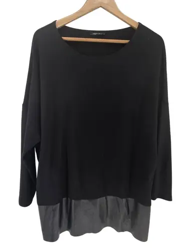 Lafayette 148 New York Black Tunic Top Faux Leather Trim M/L Size L