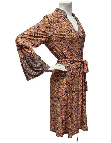 Tacera Women’s M Dress Pink Blue Floral Geometric Print 3/4 Sleeve Jersey