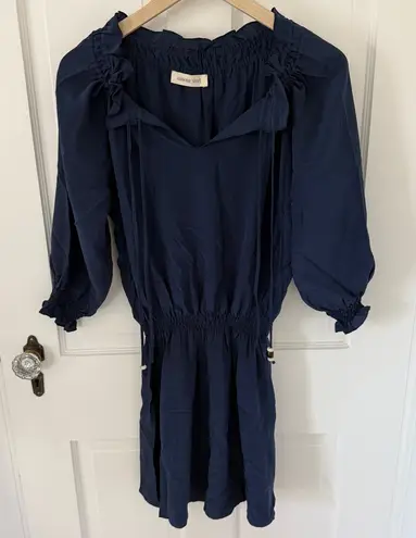 Amour Vert Navy Blue Silk 3/4 Sleeve Ruched Mini Dress Size Small S