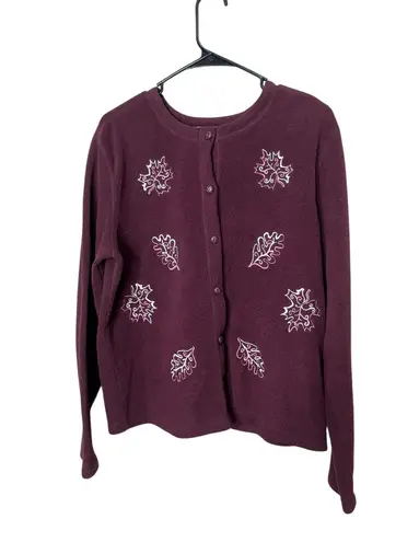 Fashion Bug Womens XL Cardigan Burgundy Fleece Button Down Embroidered Leaves
