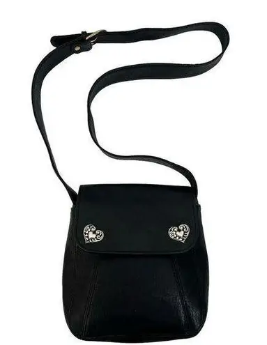 Vintage Bag Black Leather Crossbody Silver Heart Concho Adjustable Strap READ - Image 1