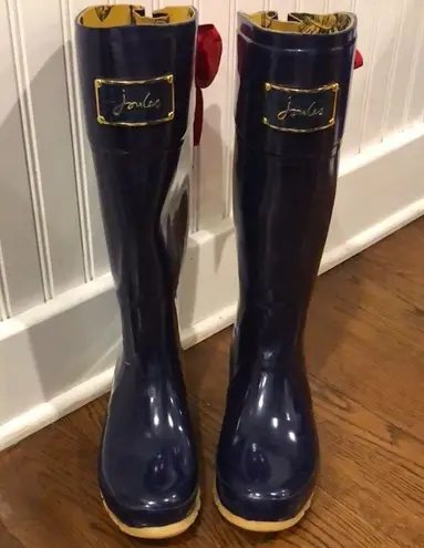JOULES Navy Blue Tall Rain Boots with Red Bow and Toile Lining Size 9