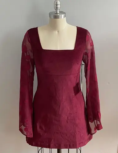Unique Vintage x Smak Parlour Burgundy Bell Sleeve Corduroy Mini Dress- Size XS