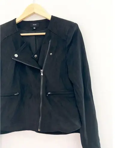FATE. Women's Faux Suede Black Cropped Moto Jacket Medium Biker Grunge Step Hem