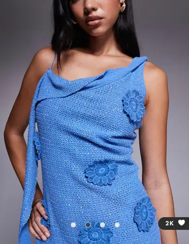 ASOS  DESIGN embellished floral crochet drapey strappy mini dress in bright blue - Image 3