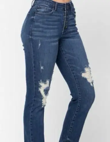 Judy Blue Button Fly Distressed Boyfriend Jeans - Dark Blue Size 7/28