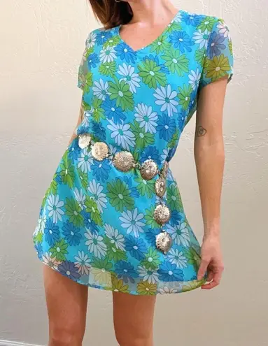 Vintage Blue  Daisy Floral Print Short Sleeve Mini Mod Dress