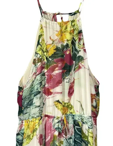 Bishop and Young Floral Watercolor Tie Neck Halter Keyhole Waist Tie Maxi Dress
