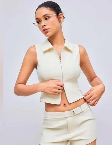 Cider NWOT Woven Collar Solid Zipper Tank Top Beige | TAGS CUT OUT SEE NOTES