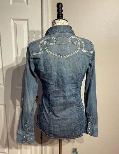 True Religion Vintage Y2k Western Cowgirl Chambray Jean shirt raw distressed Embroidered Fit Flare casual Dress