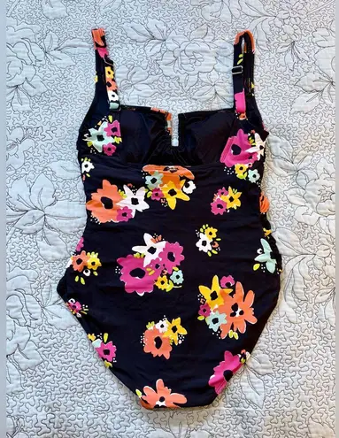 Anne cole Black Floral One-Piece Swimsuit Scoop Back Tummy Control Sz 12💛
