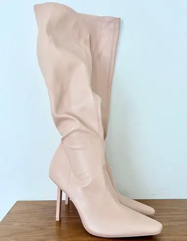 NWOT Femme LA Whistler Leather Pointed Stiletto Knee High Boots Latte 38 / 7.5