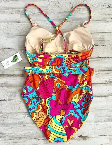 Palms Away Belted One Piece Swimsuit Vibrant Abstract Floral Print Size XS Blue