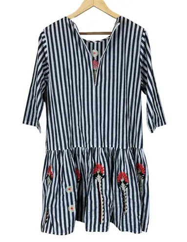 Stevie Hender Dress Womens M White Gray Striped Cotton Embroidered Cottagecore